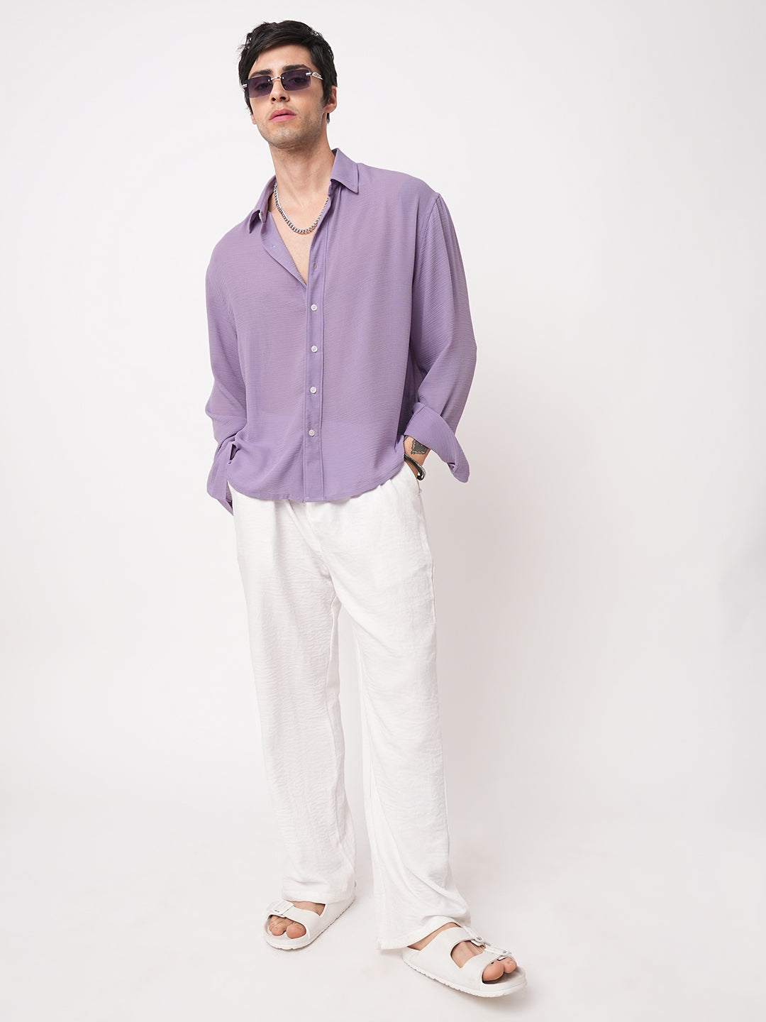Heather Purple Crinkled Boxy Fit Crop Shirt