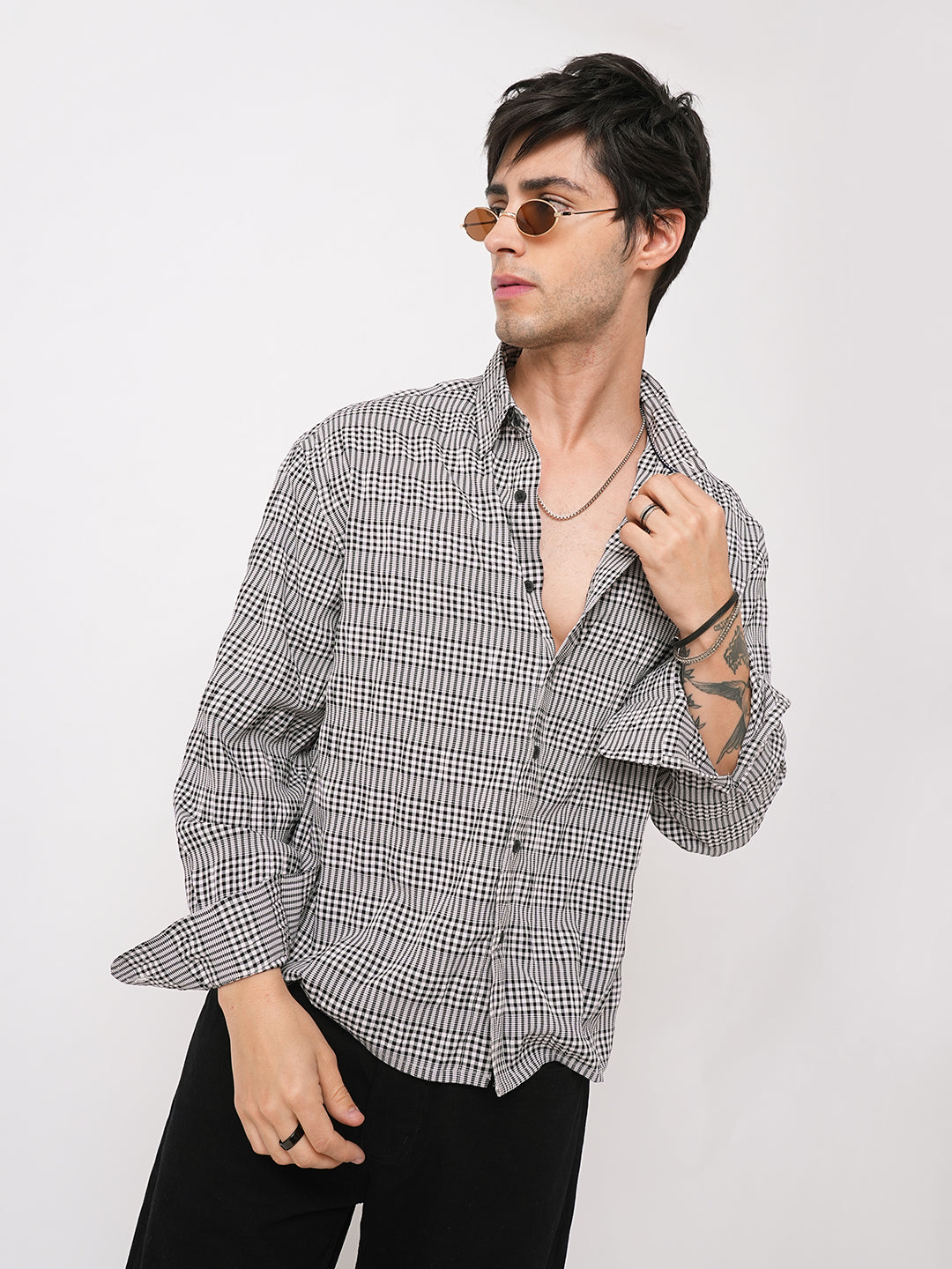 Black Seersucker Checks Boxy Fit Crop Shirt