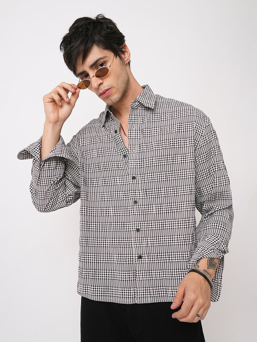 Black Seersucker Checks Boxy Fit Crop Shirt