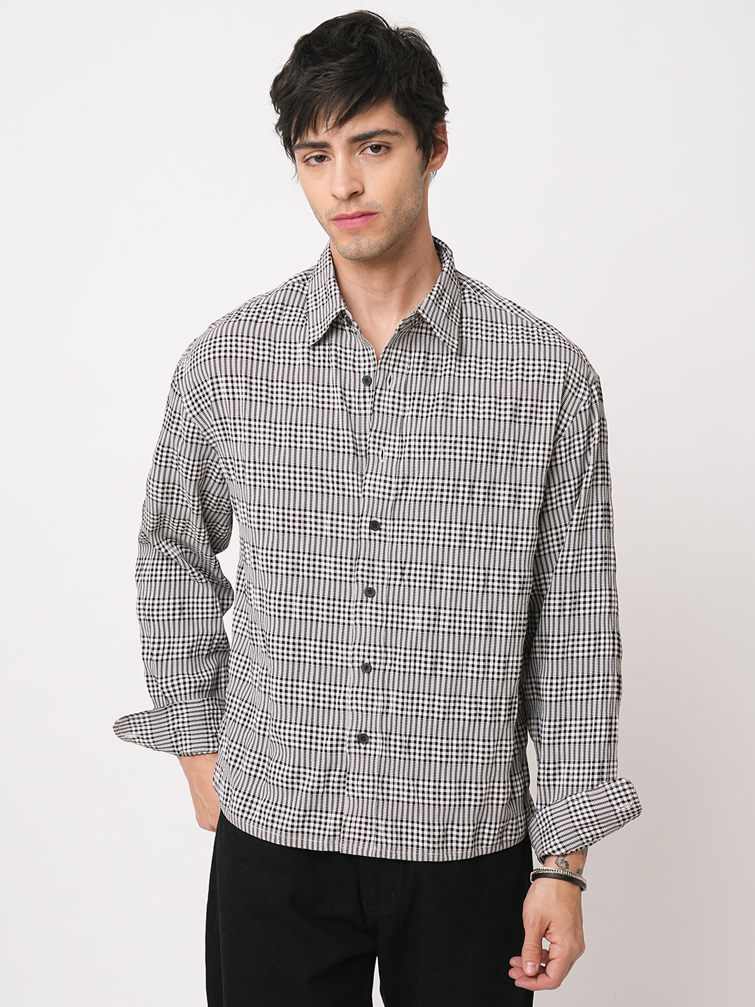 Black Seersucker Checks Boxy Fit Crop Shirt