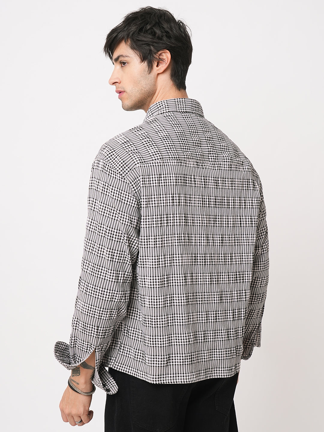 Black Seersucker Checks Boxy Fit Crop Shirt