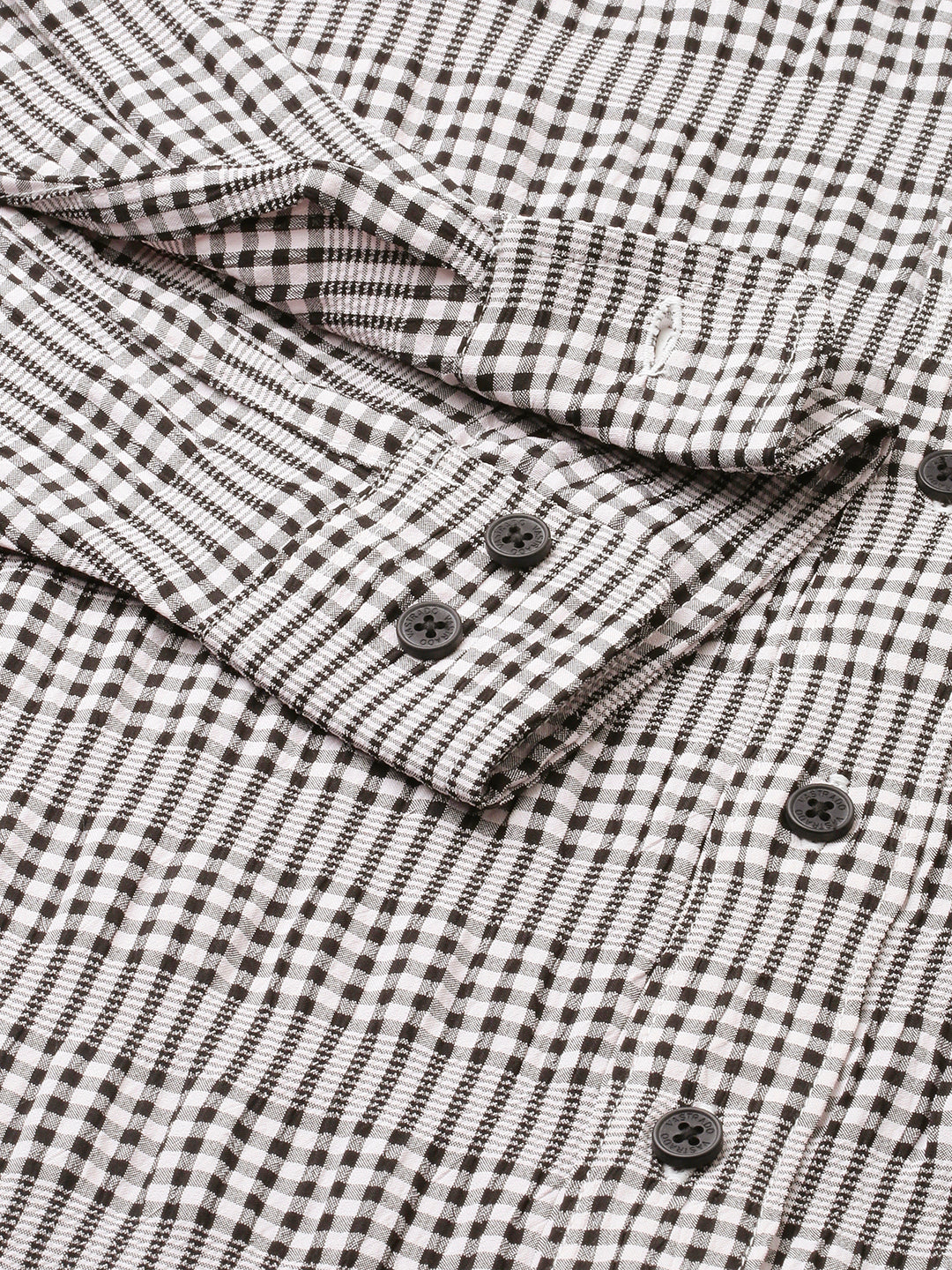 Black Seersucker Checks Boxy Fit Crop Shirt