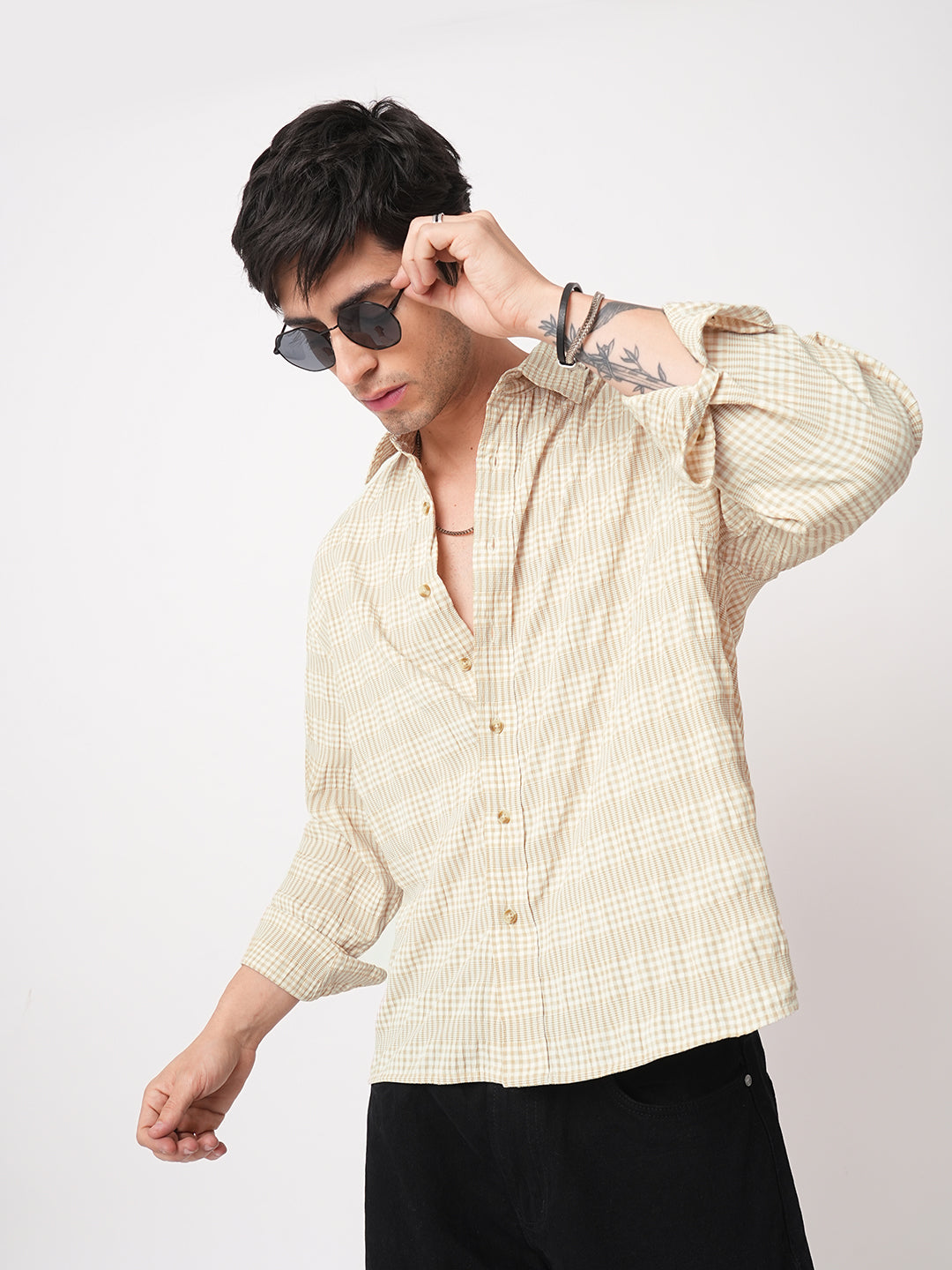 Sand Beige Seersucker Checks Boxy Fit Crop Shirt