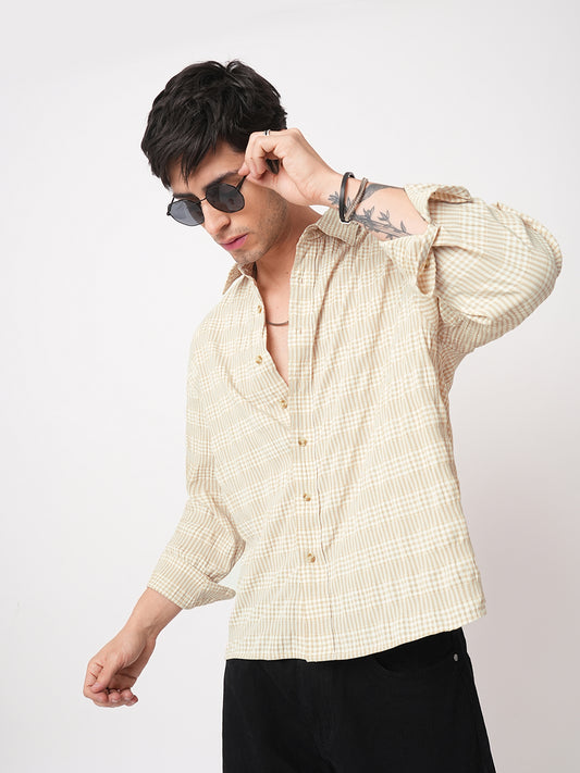 Sand Beige Seersucker Checks Boxy Fit Crop Shirt