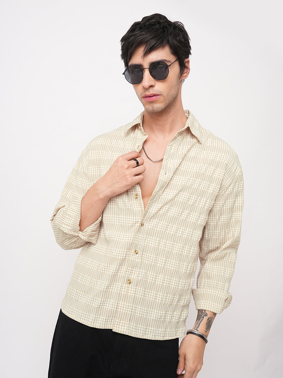 Sand Beige Seersucker Checks Boxy Fit Crop Shirt
