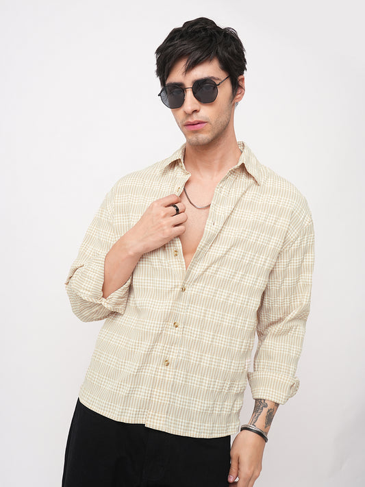 Sand Beige Seersucker Checks Boxy Fit Crop Shirt