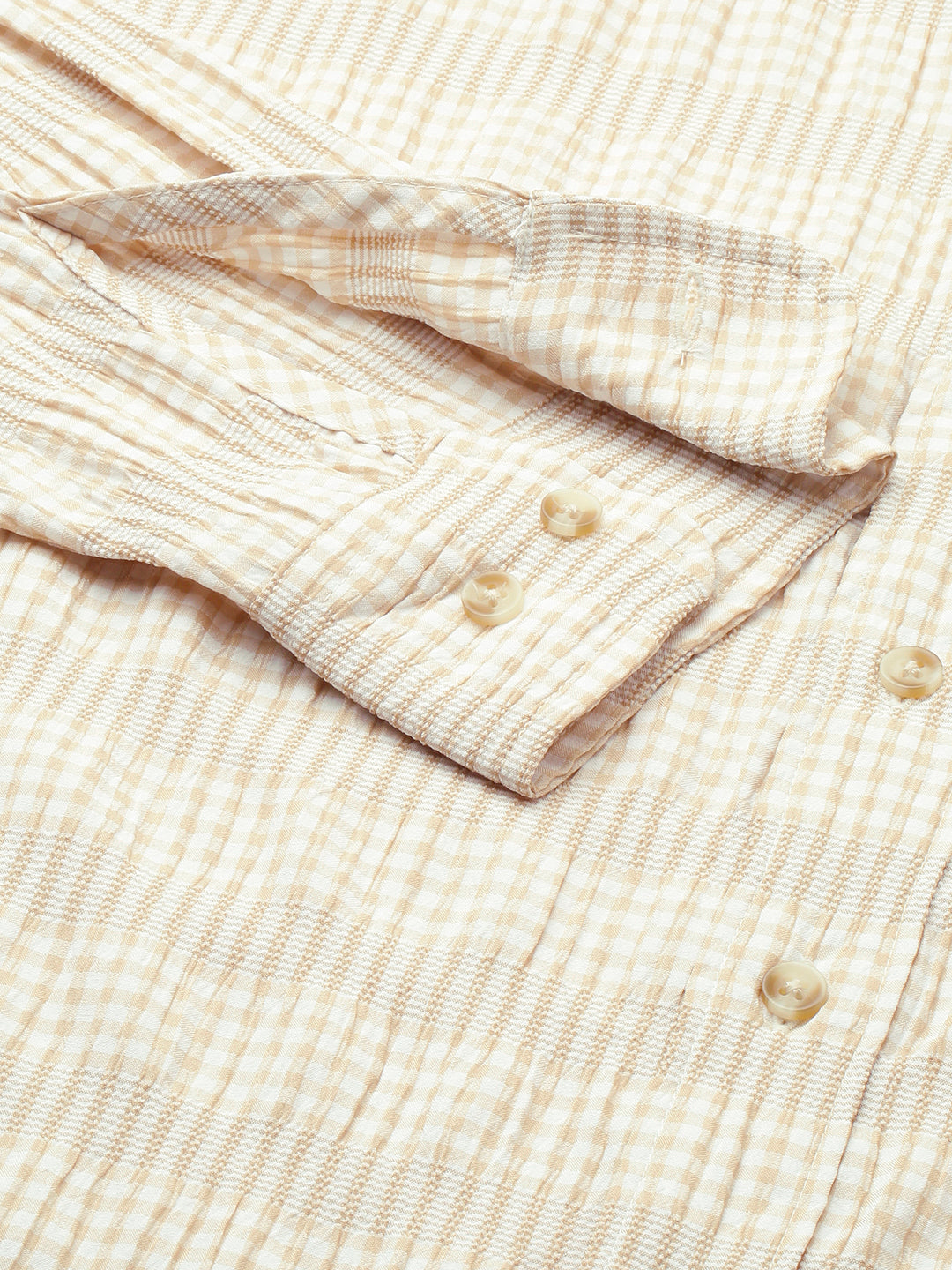 Sand Beige Seersucker Checks Boxy Fit Crop Shirt
