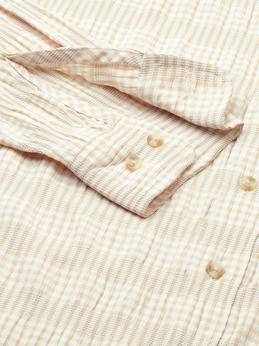 Sand Beige Seersucker Checks Boxy Fit Crop Shirt