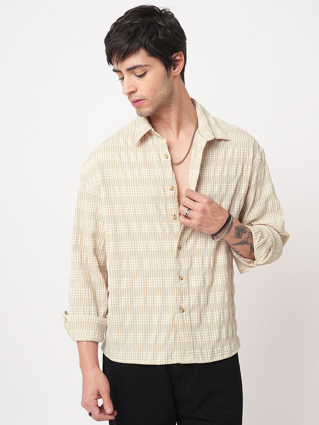 Sand Beige Seersucker Checks Boxy Fit Crop Shirt