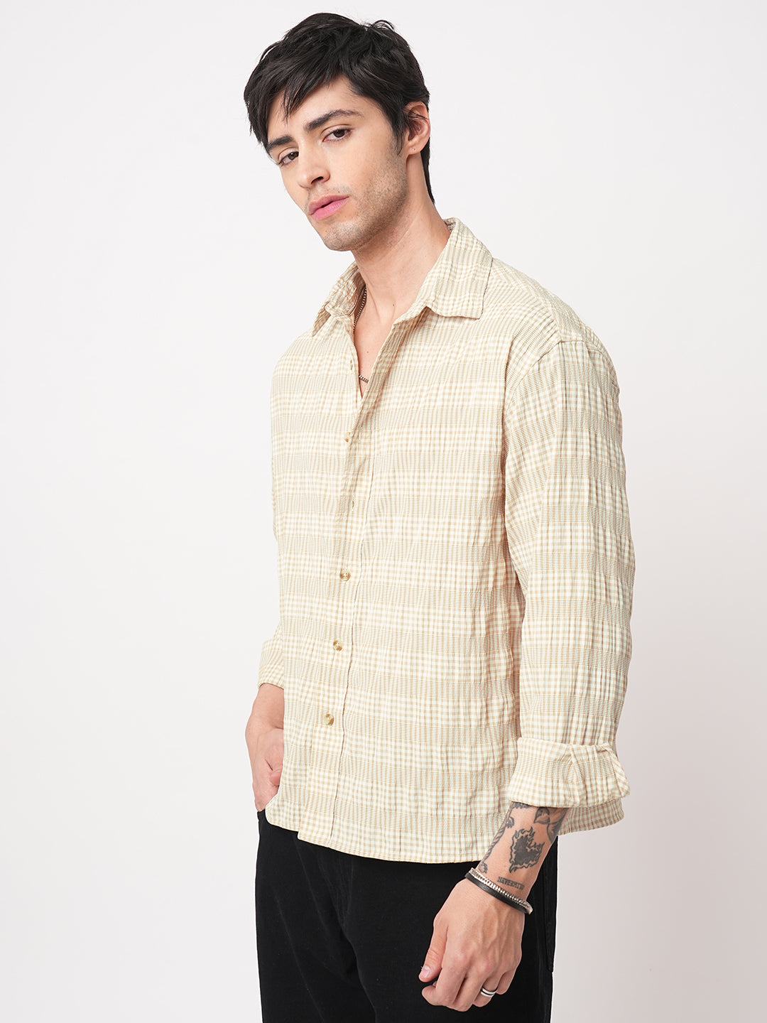 Sand Beige Seersucker Checks Boxy Fit Crop Shirt