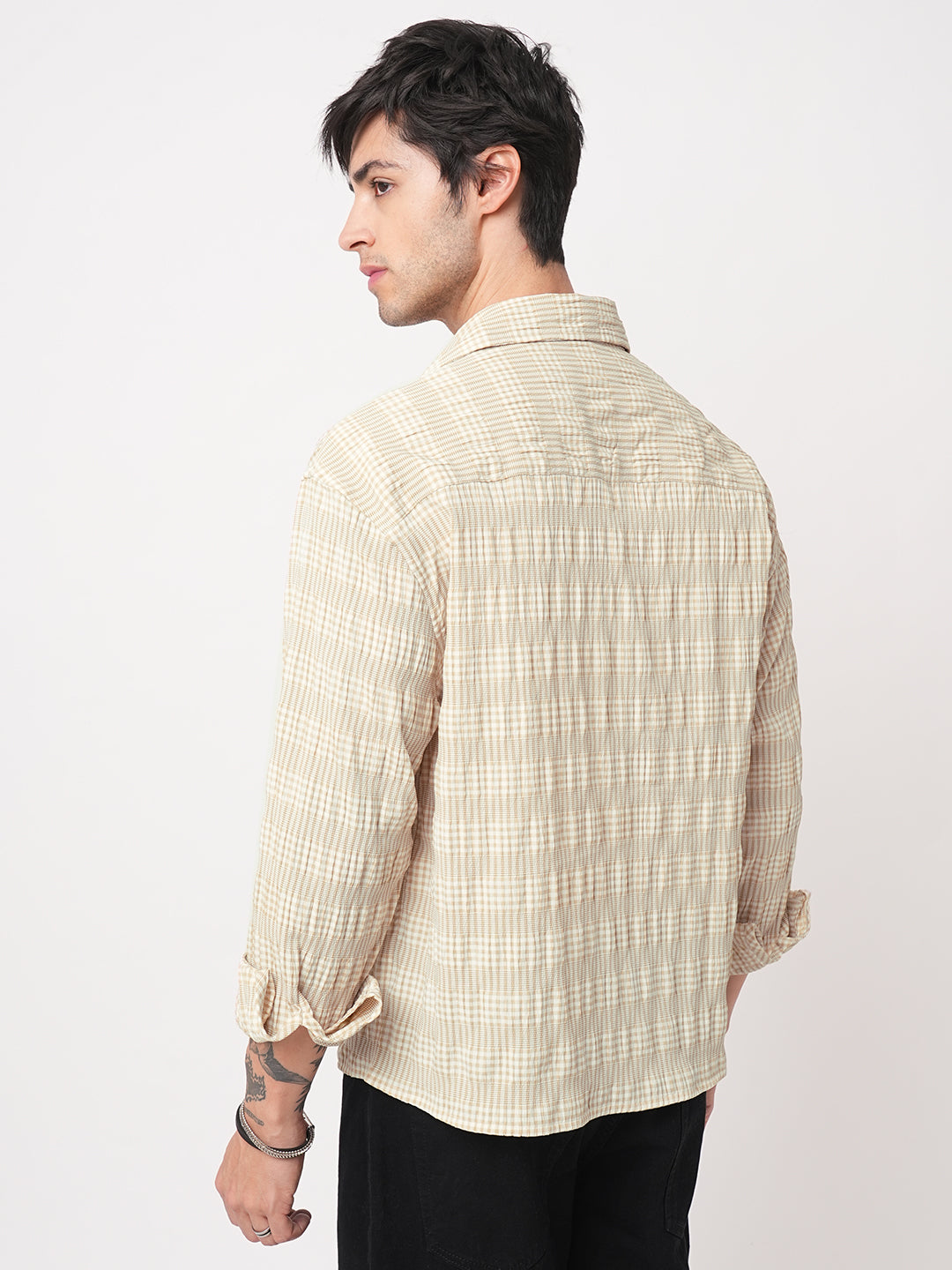 Sand Beige Seersucker Checks Boxy Fit Crop Shirt
