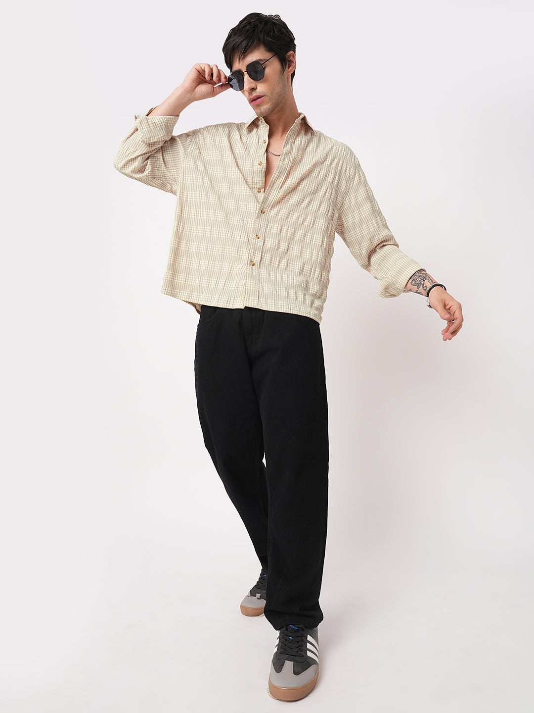 Sand Beige Seersucker Checks Boxy Fit Crop Shirt
