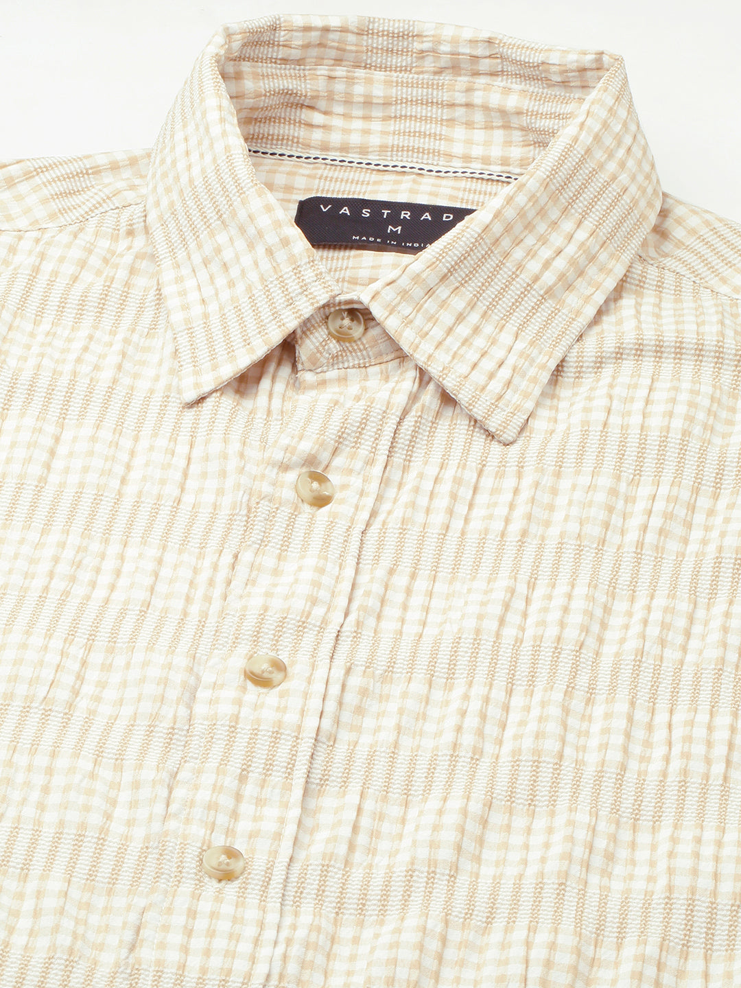 Sand Beige Seersucker Checks Boxy Fit Crop Shirt