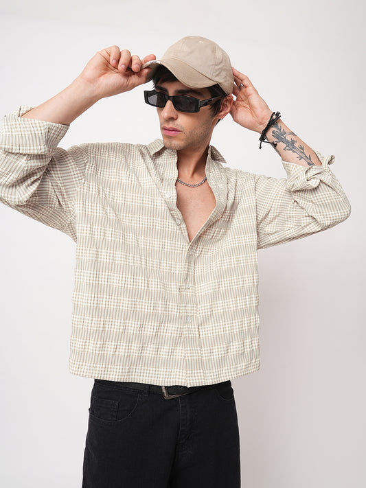 Laurel Green Seersucker Checks Boxy Fit Crop Shirt