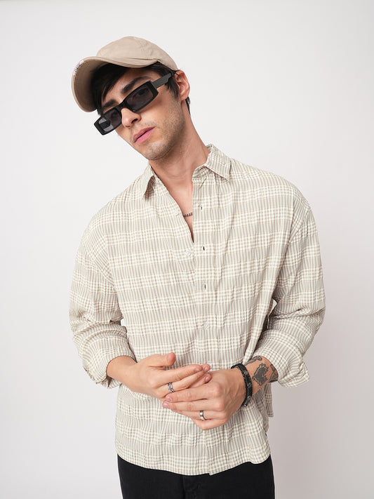Laurel Green Seersucker Checks Boxy Fit Crop Shirt