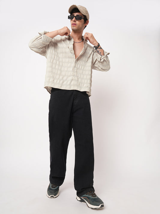 Laurel Green Seersucker Checks Boxy Fit Crop Shirt