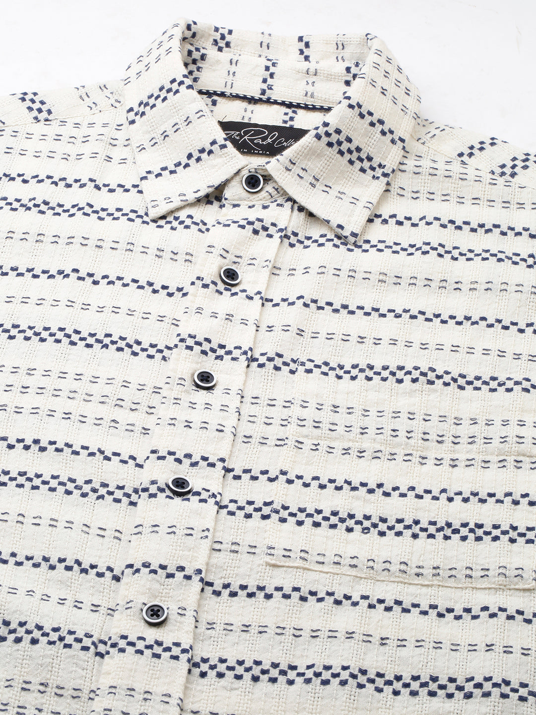 Refined Blue Horizontal Stripe Embroidered Oversized Crop Shirt
