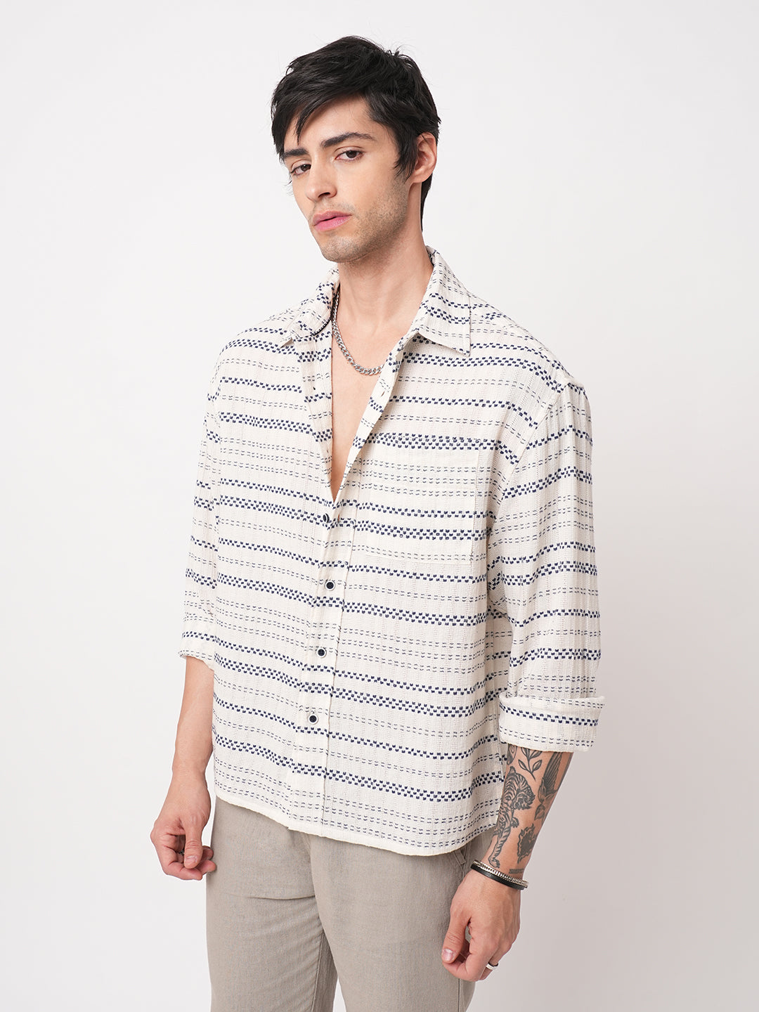 Refined Blue Horizontal Stripe Embroidered Oversized Crop Shirt