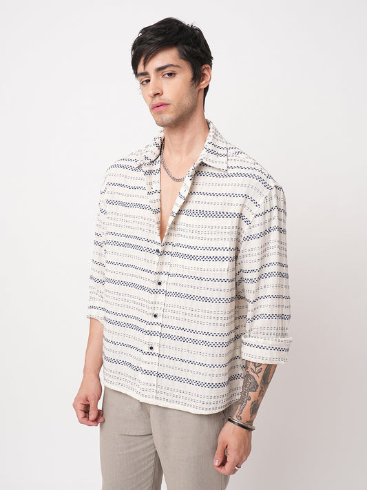 Refined Blue Striped Embroidered Boxy Fit Crop Shirt