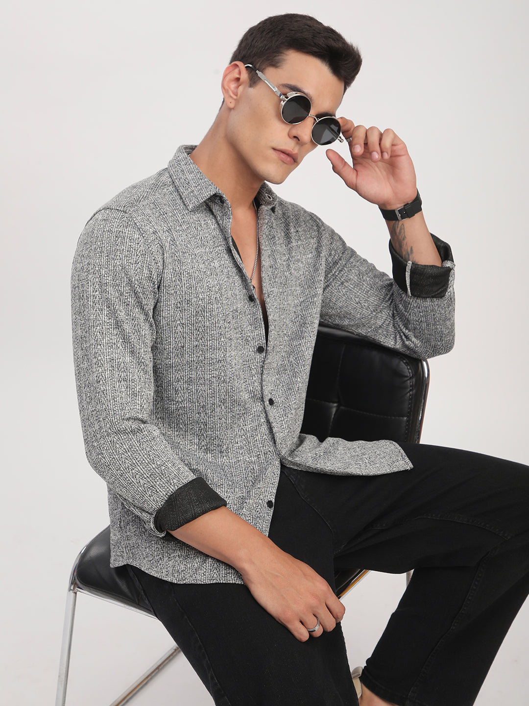 Black & White Textured Knitted Shirt