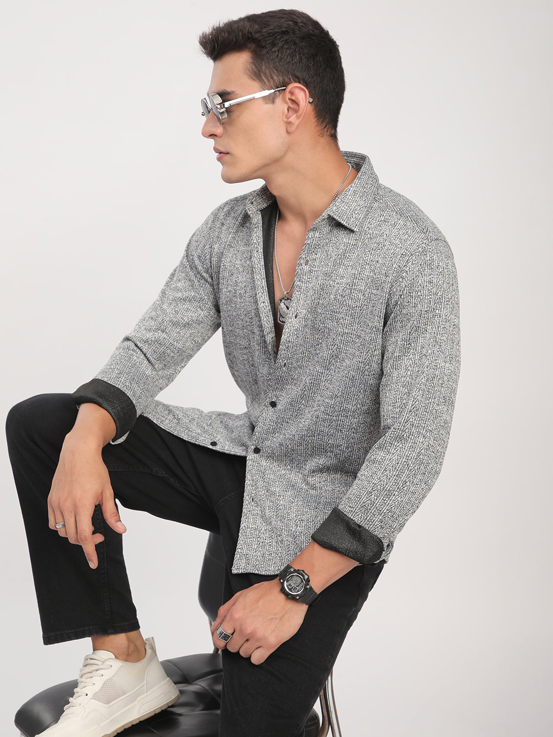 Black & White Textured Knitted Shirt