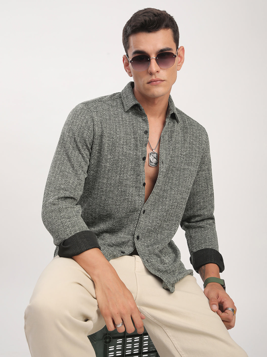 Green Textured Knitted Shirt
