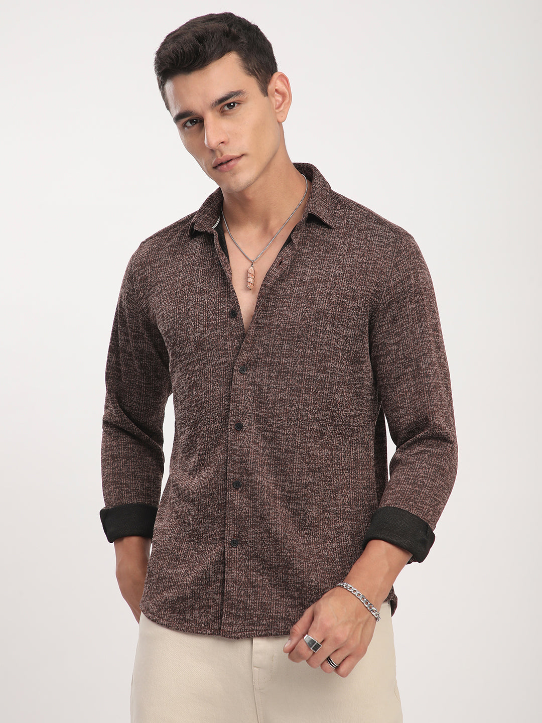 Brown Textured Knitted Shirt