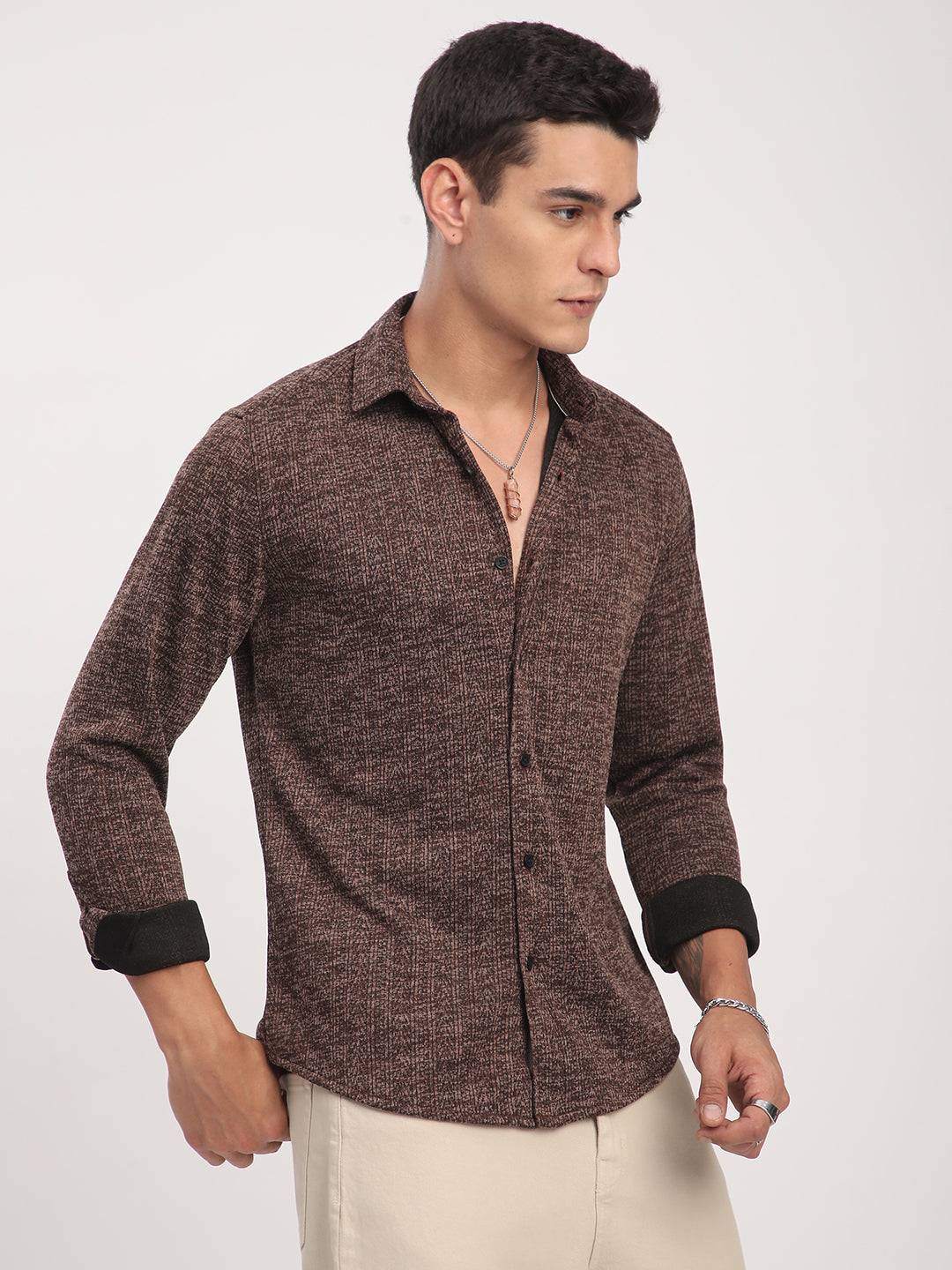 Brown Textured Knitted Shirt