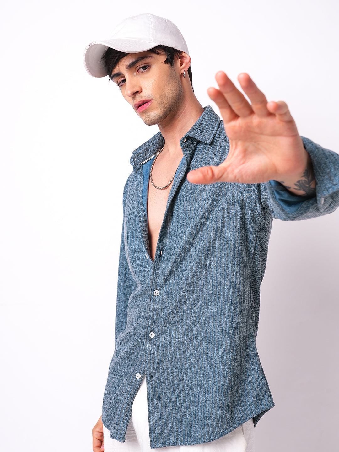 Plush Prussian Blue Ribbed Knitted Shirt