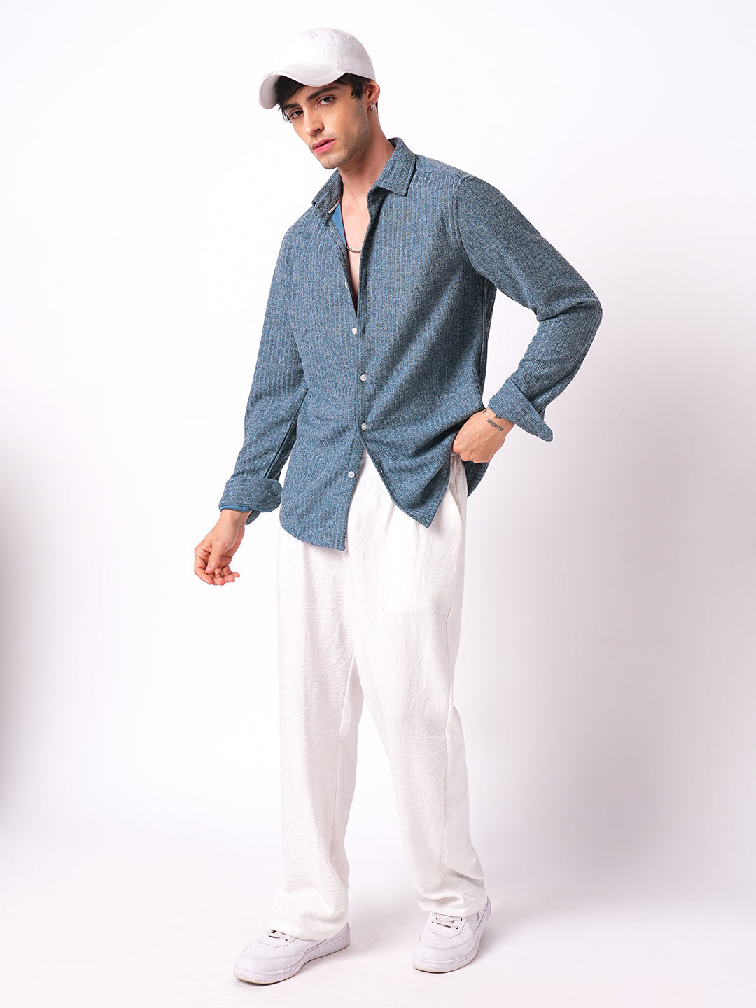 Plush Prussian Blue Ribbed Knitted Shirt