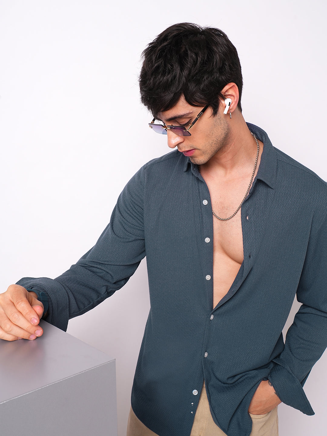 Exquisite Spruce Blue Knitted Shirt