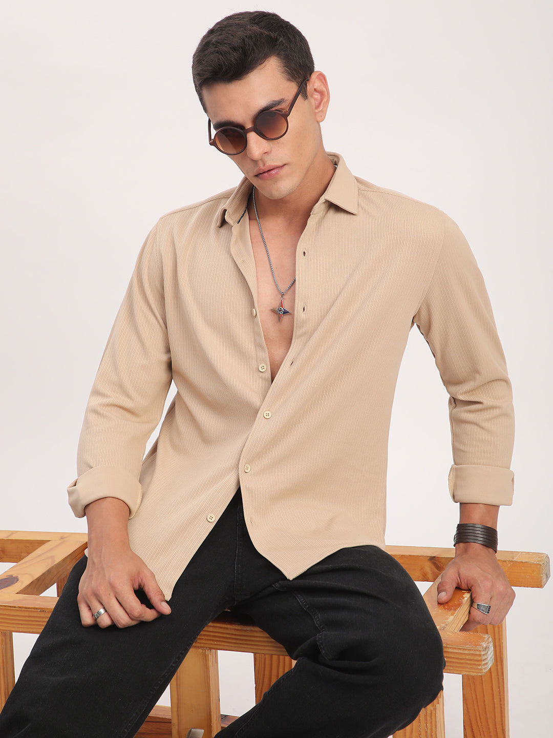 Refined Hairline Stripes Beige Knitted Shirt