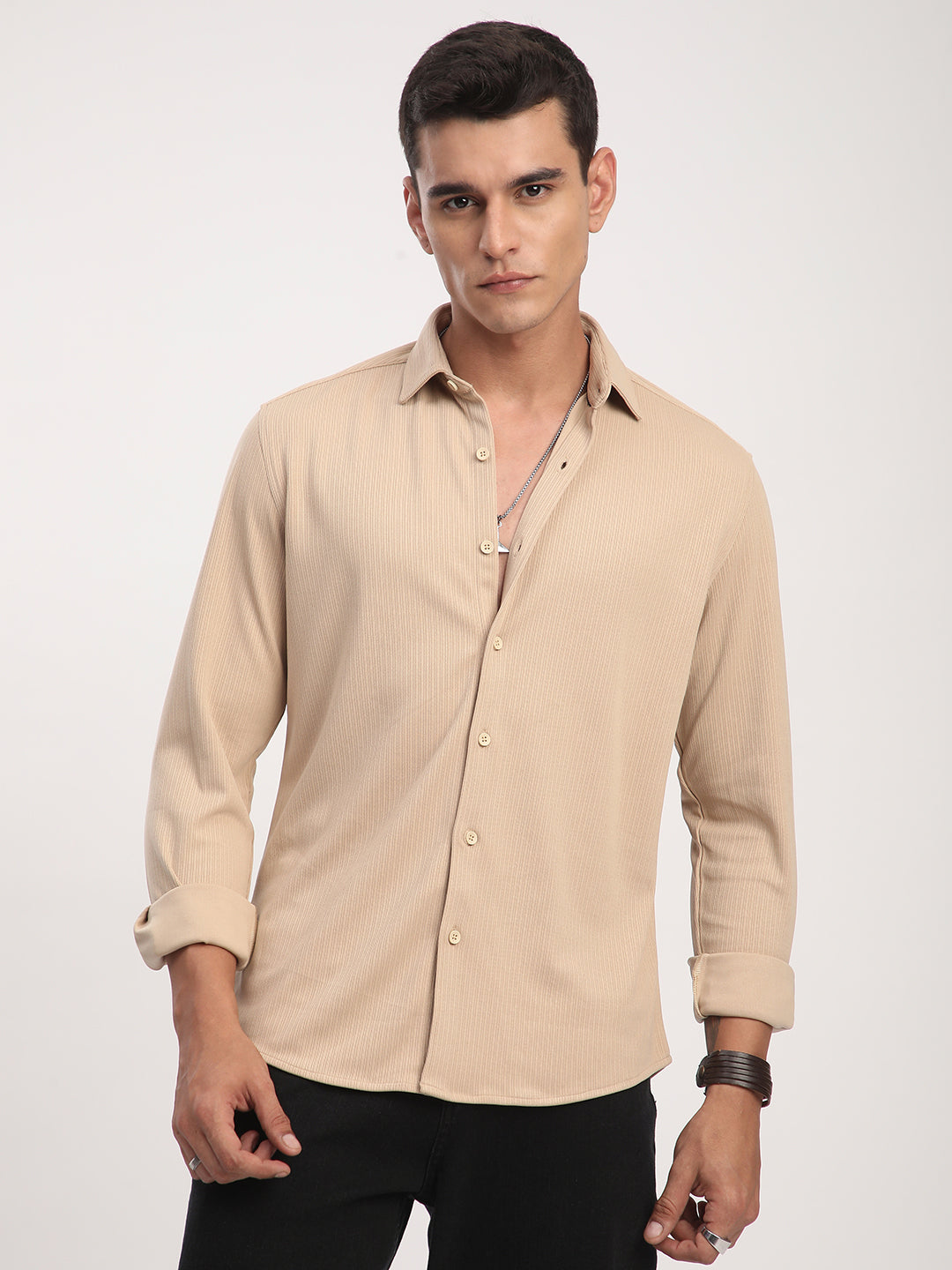 Refined Hairline Stripes Beige Knitted Shirt