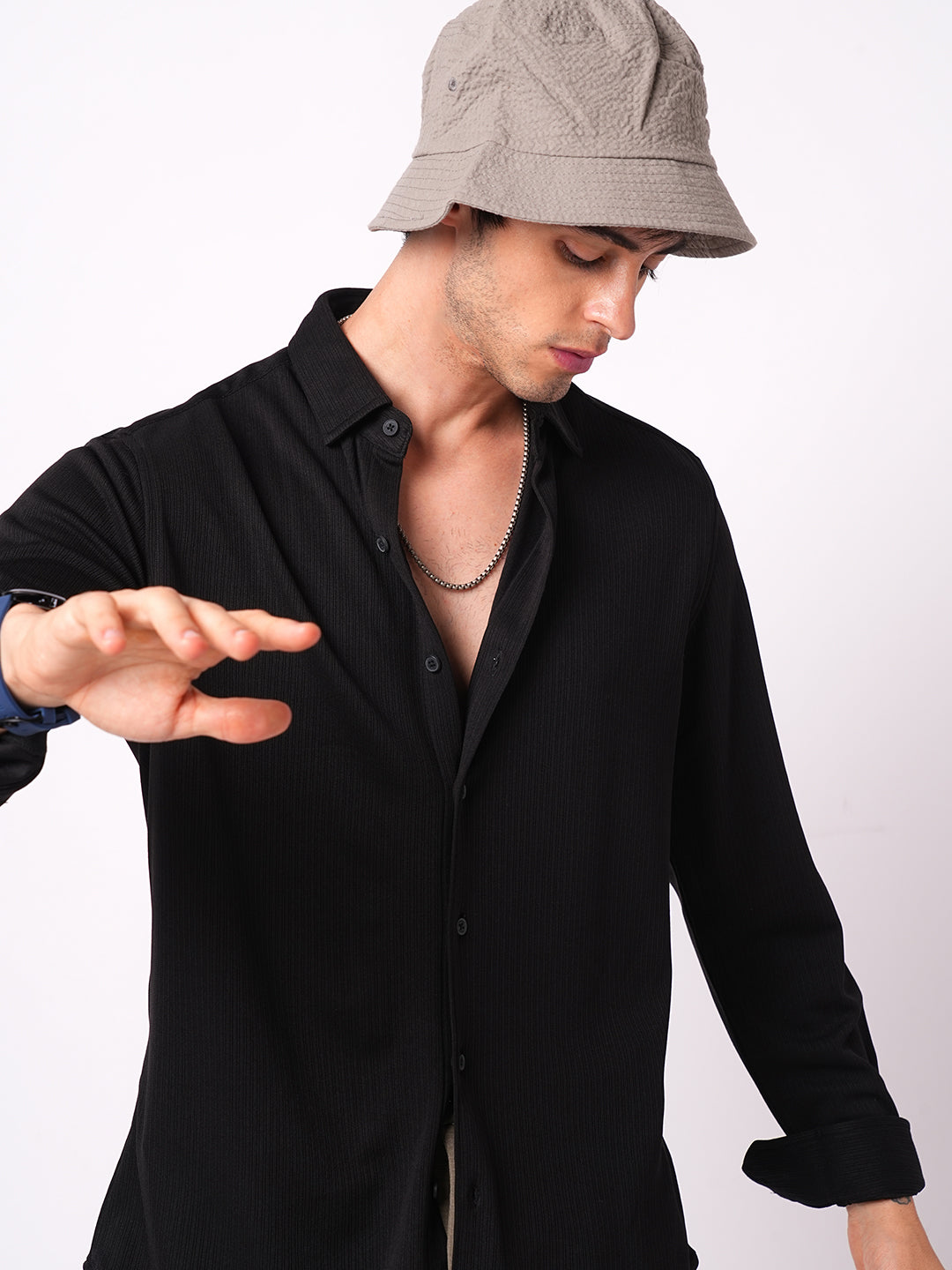 Elegant Jet Black Ribbed Knitted Shirt