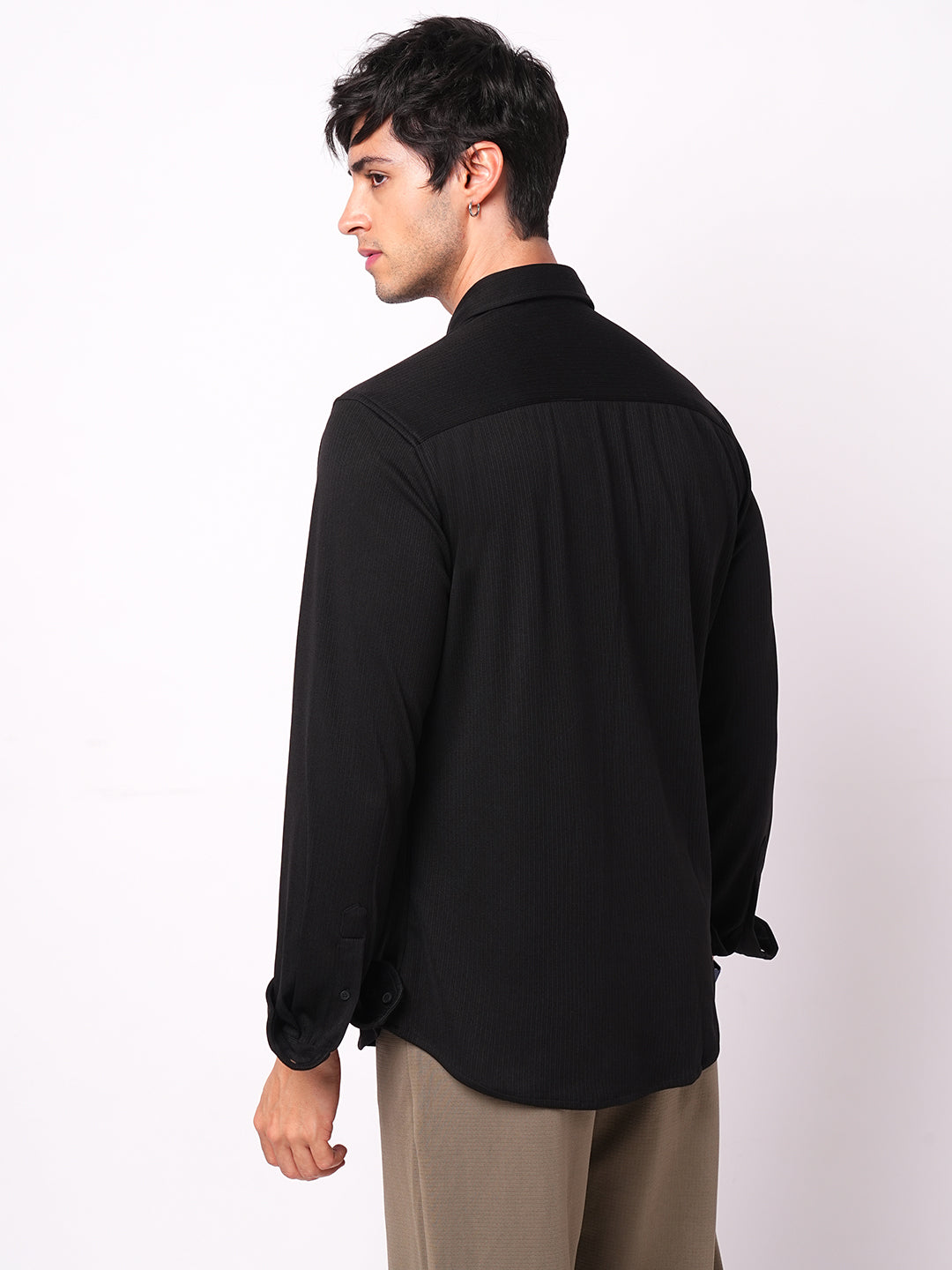 Elegant Jet Black Ribbed Knitted Shirt