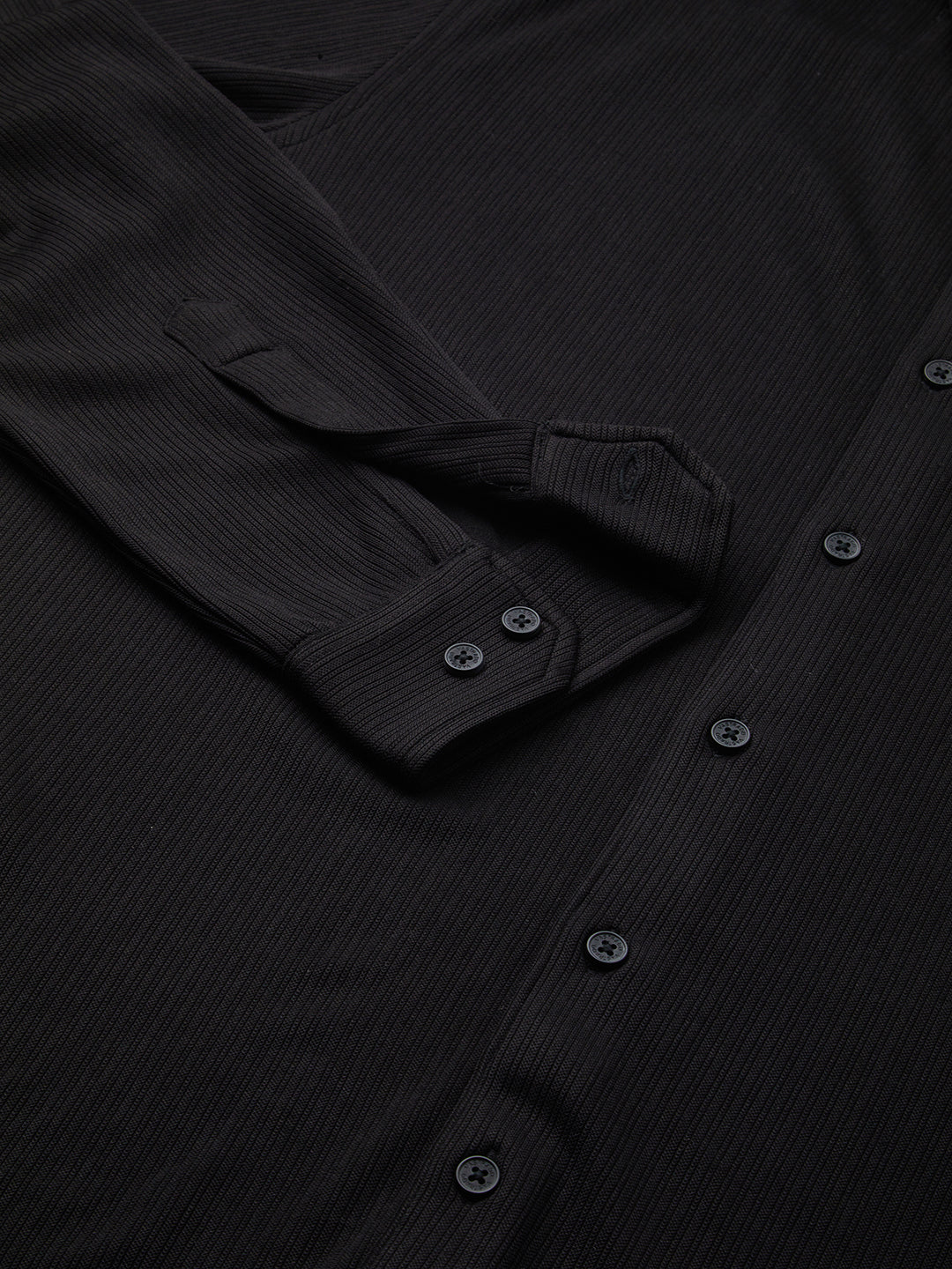 Elegant Jet Black Ribbed Knitted Shirt