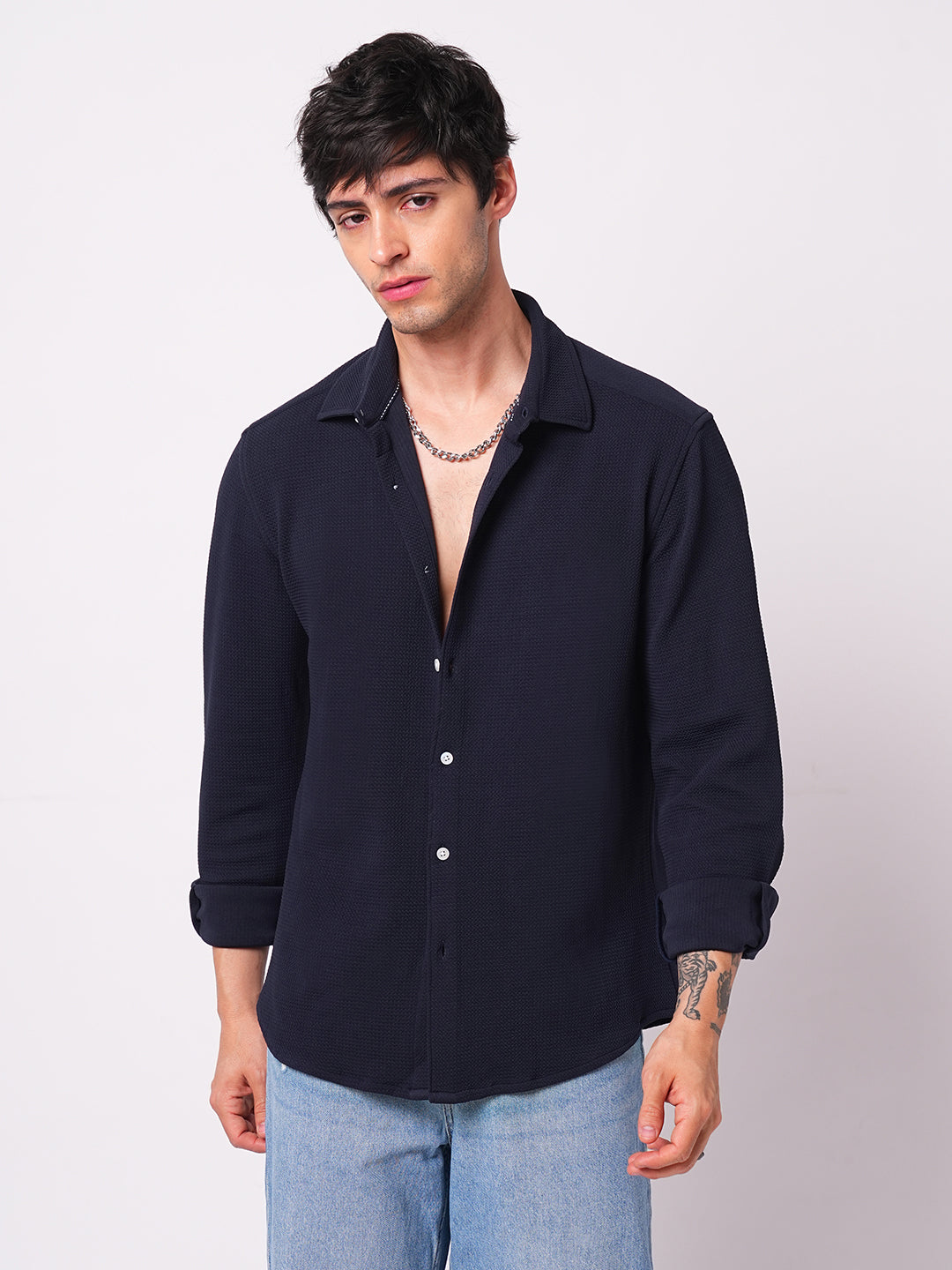 Modish Navy Blue Embossed Knitted Shirt