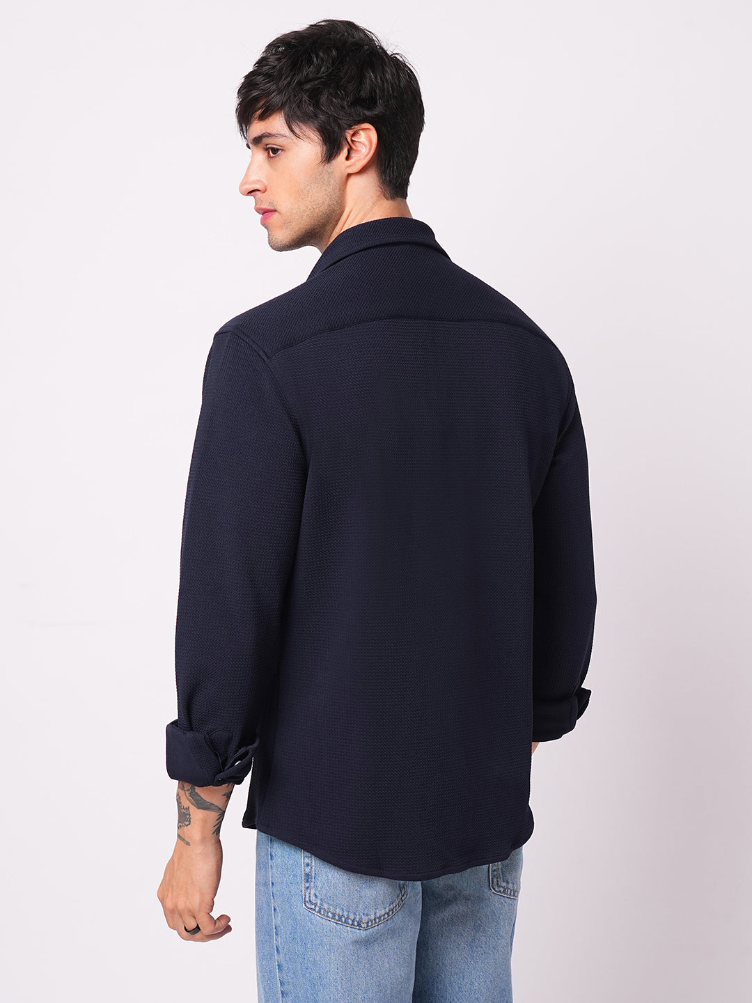 Modish Navy Blue Embossed Knitted Shirt