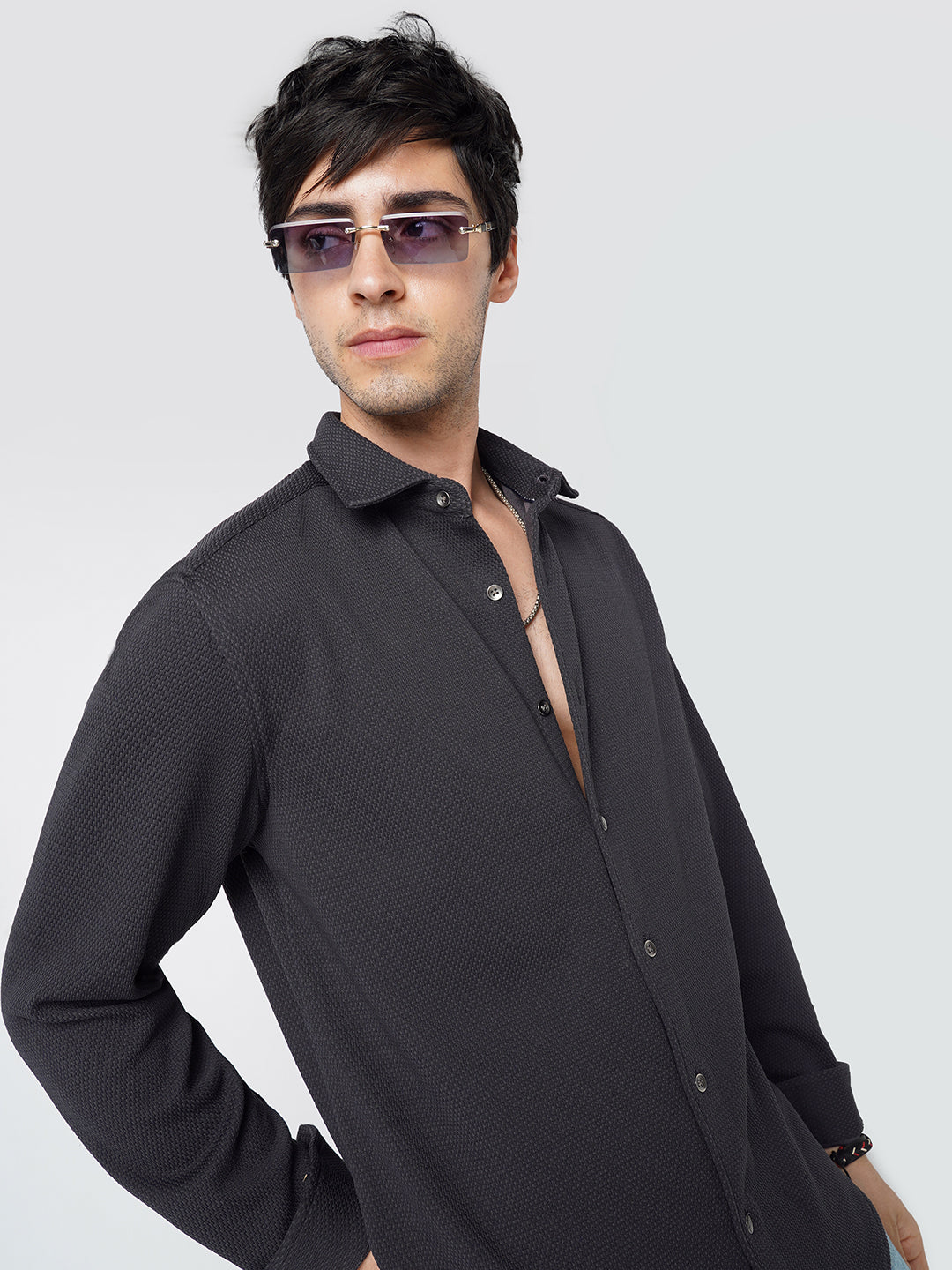 Arsenic Grey Textured Knitted Shirt