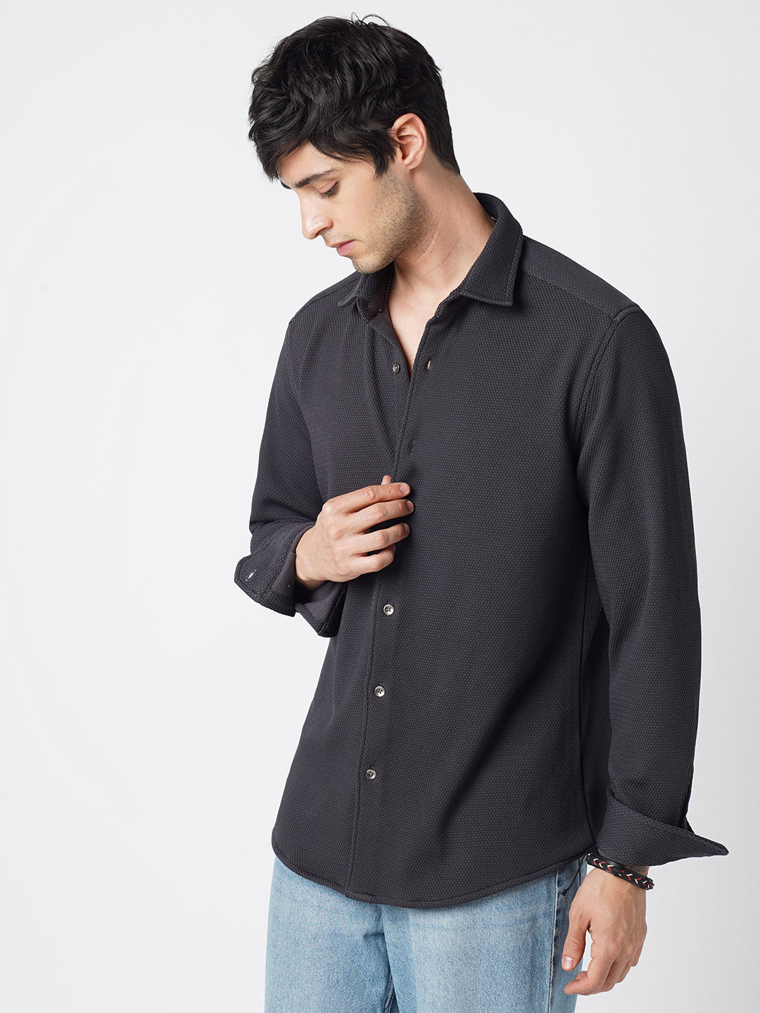 Arsenic Grey Textured Knitted Shirt