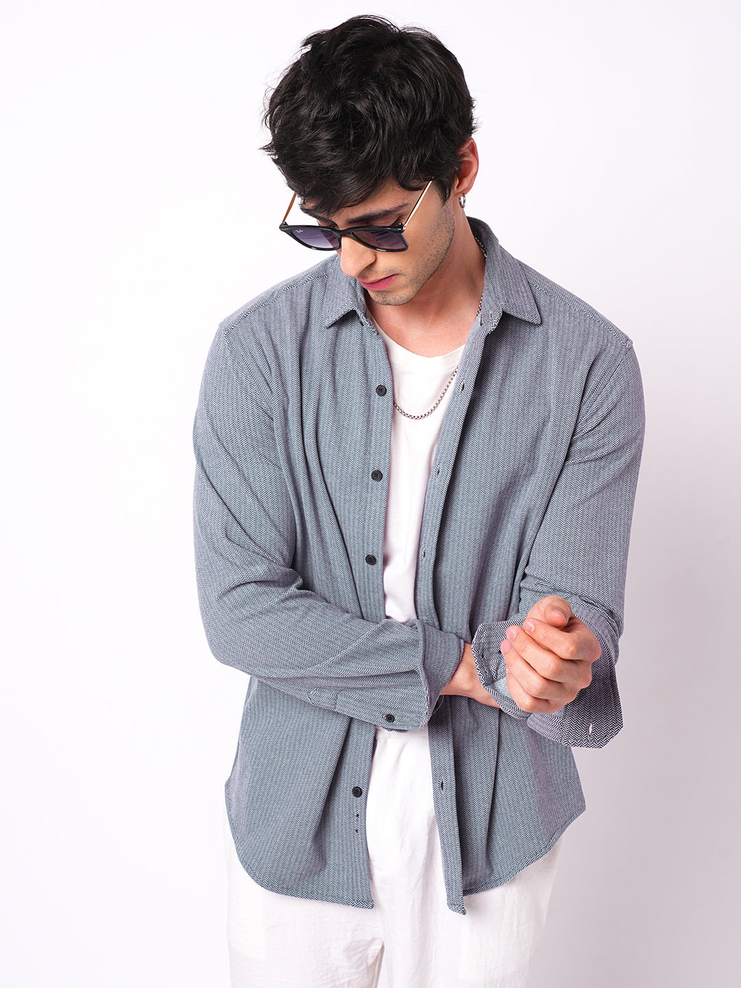 Plush Denim Blue Herringbone Knitted Shirt