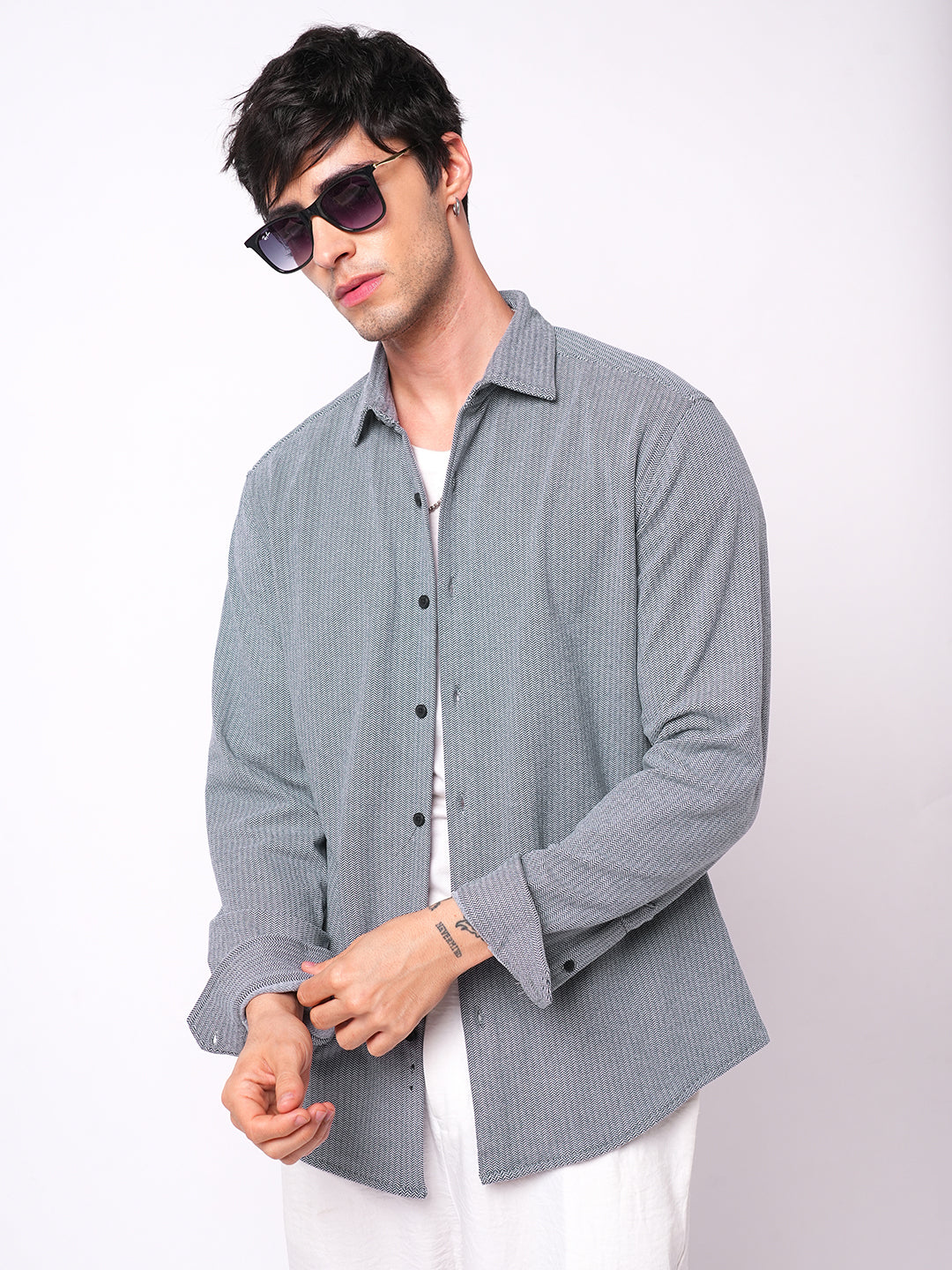 Plush Denim Blue Herringbone Knitted Shirt