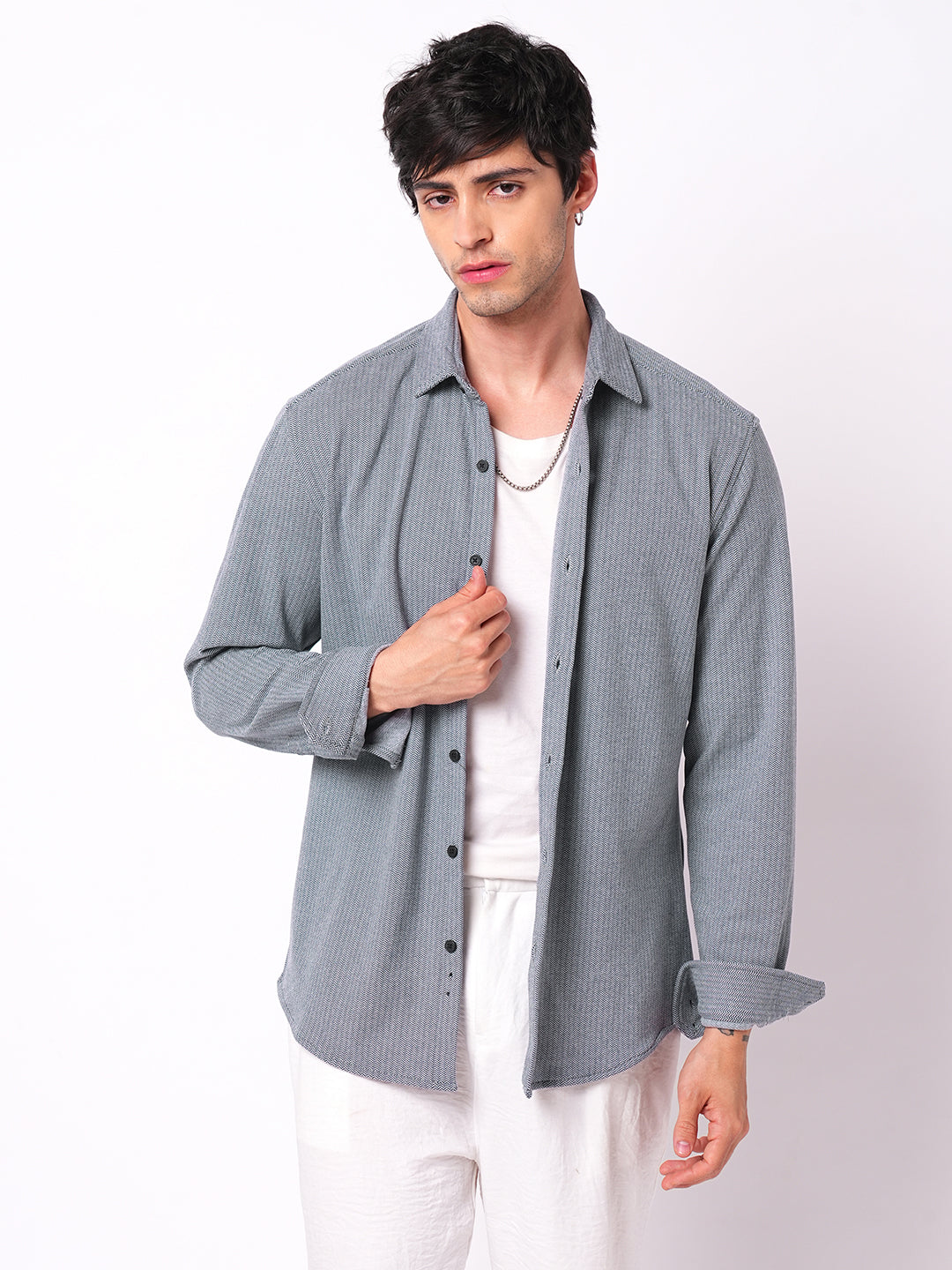 Plush Denim Blue Herringbone Knitted Shirt