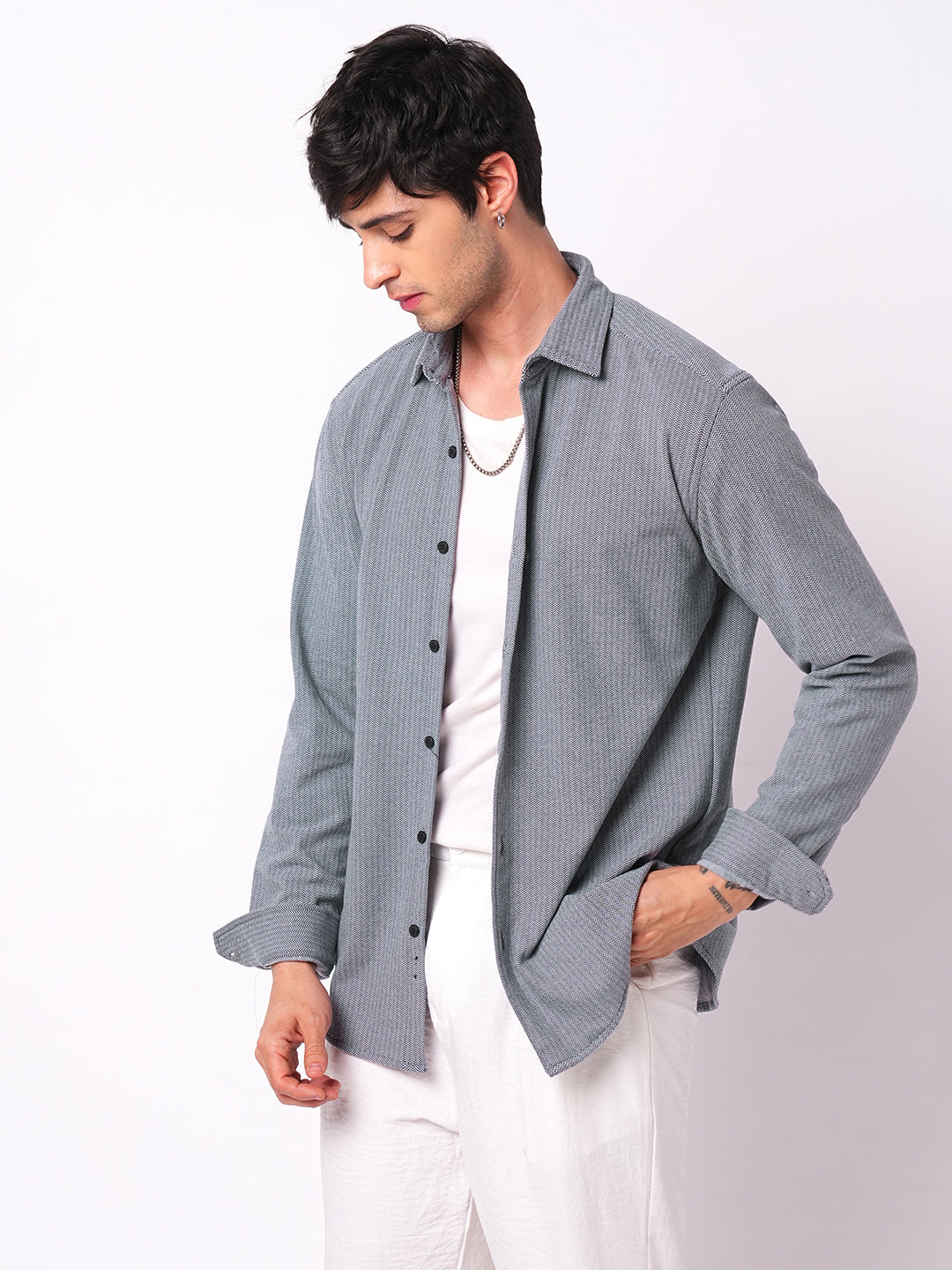 Plush Denim Blue Herringbone Knitted Shirt