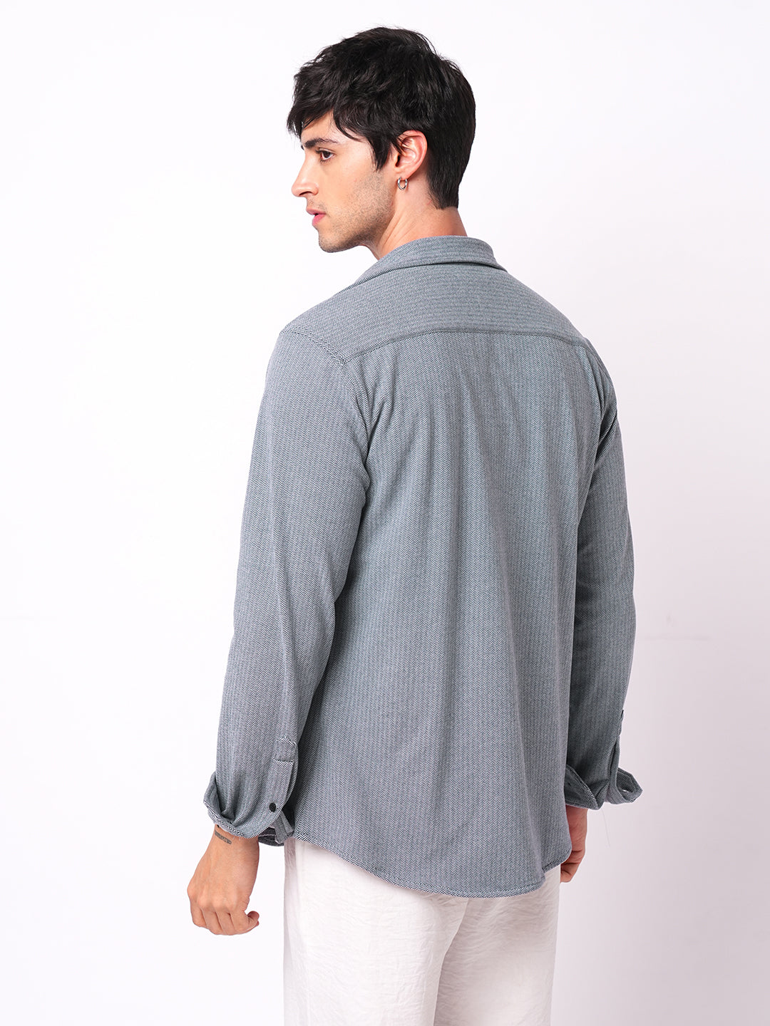 Plush Denim Blue Herringbone Knitted Shirt