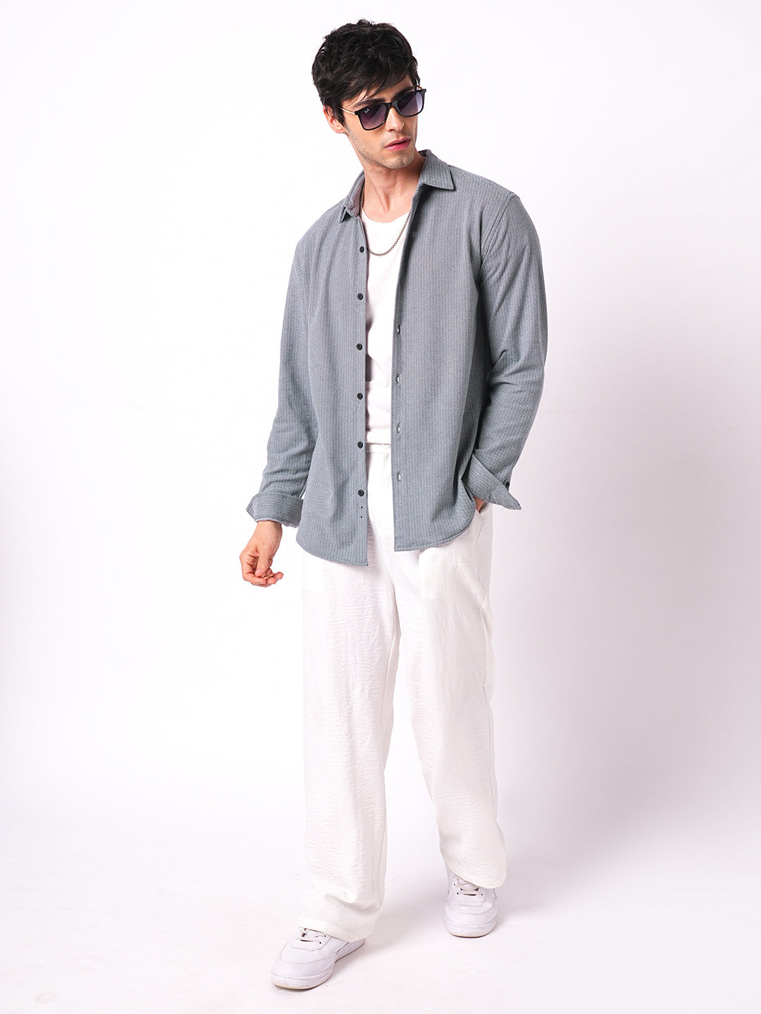 Plush Denim Blue Herringbone Knitted Shirt