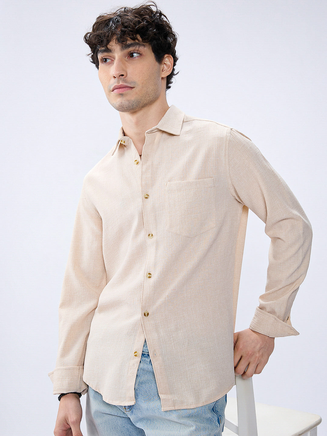 Cream Slub Textured Shirt