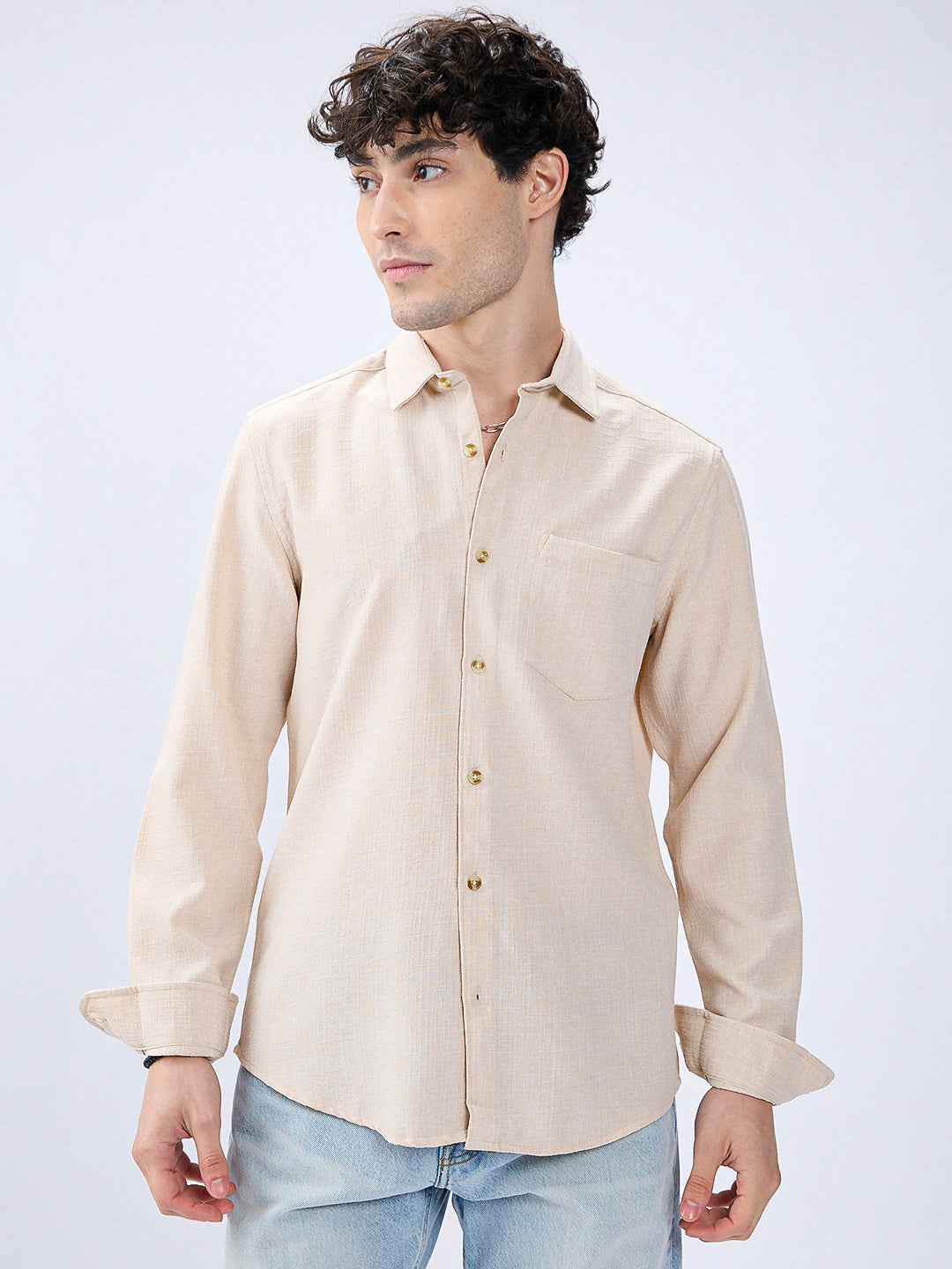 Cream Slub Textured Shirt