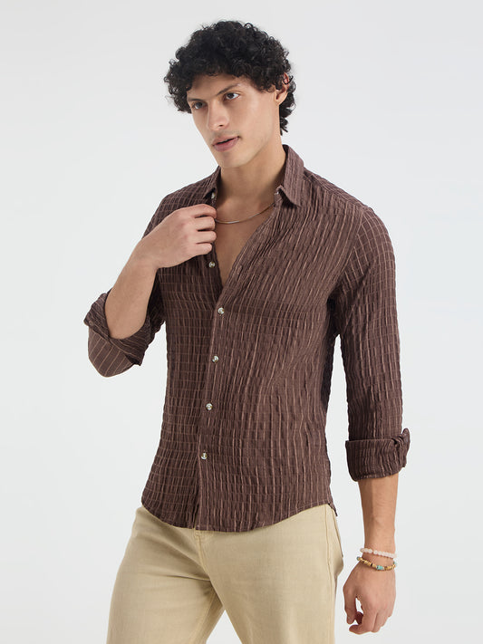 Exquisite Mocha Brown Checked Crinkled Shirt