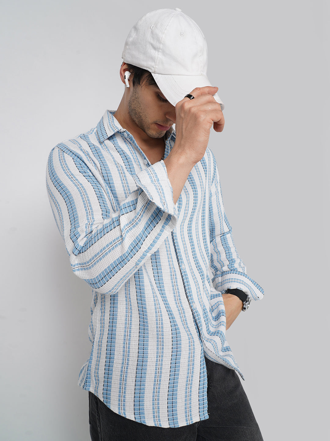 Blue & White Dobby Striped Shirt
